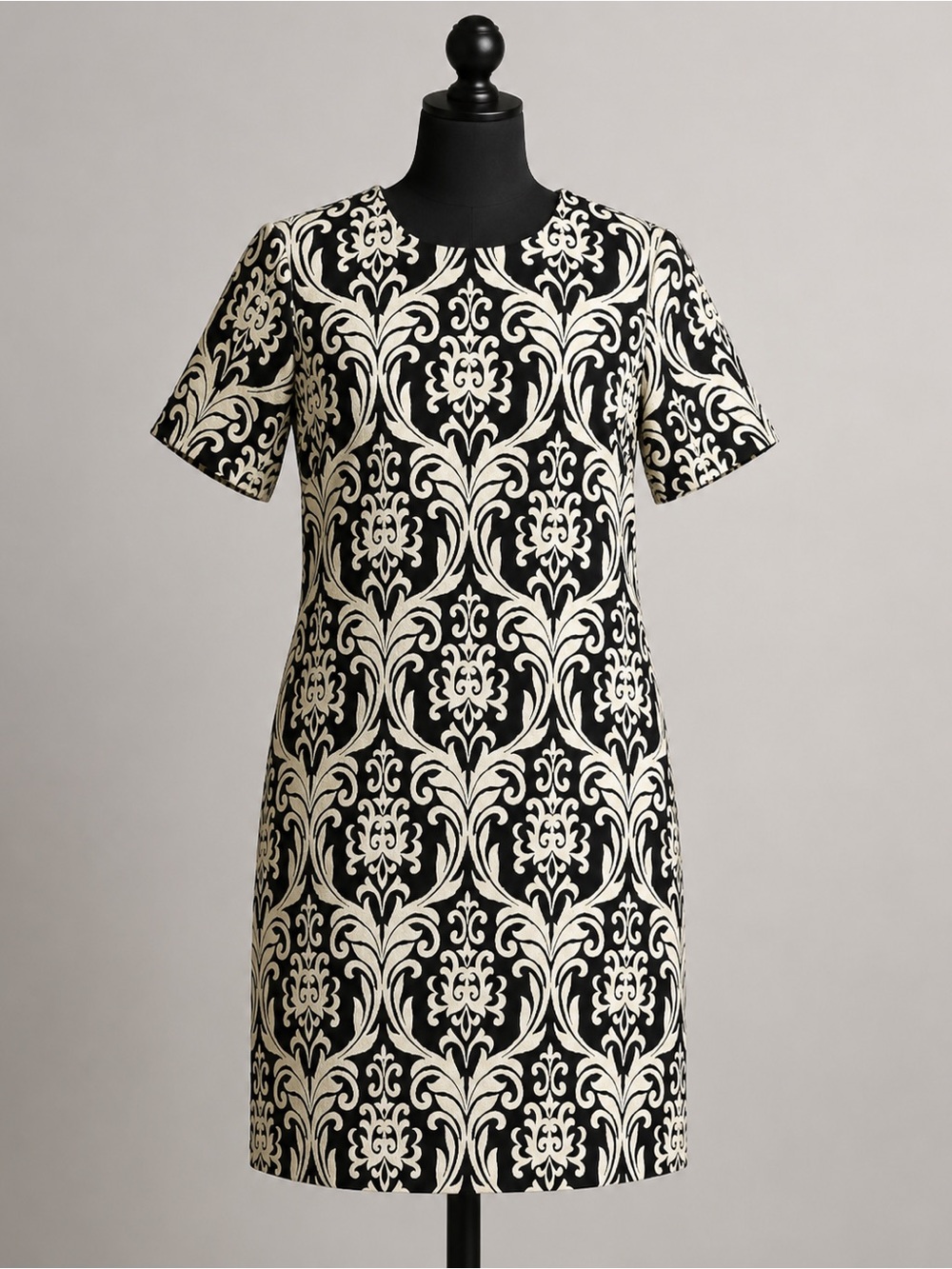 Classic Black Ivory Damask Shift sheath Dress Large L 12 14